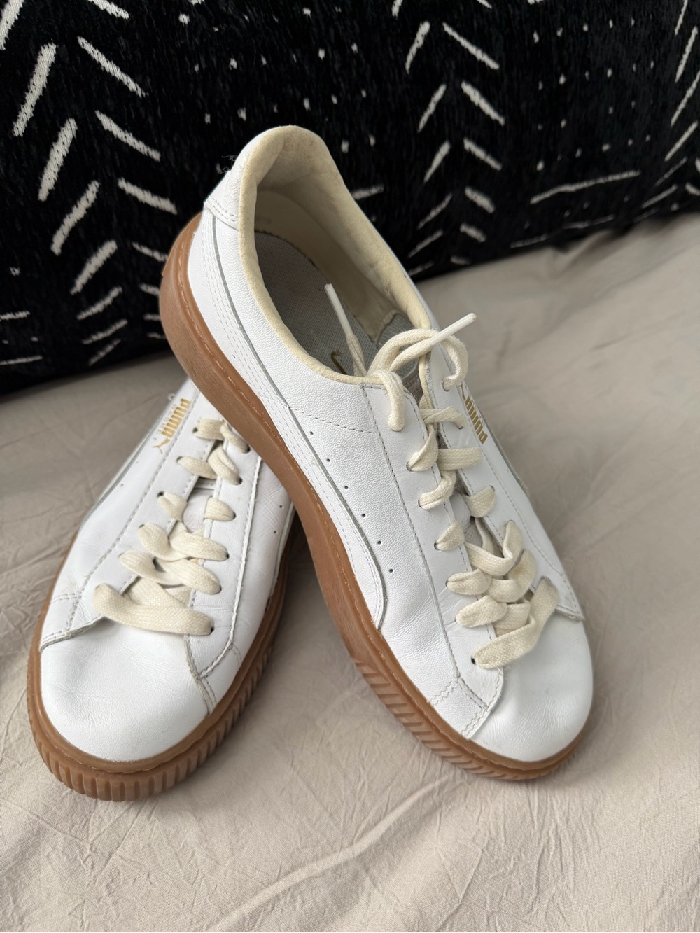 Puma White Leather Sneakers with Gum Sole, Size 9